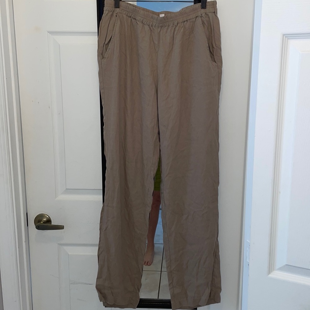 Eileen Fisher S/M taupe elastic waist pull on soft straight leg ramie pants VGC